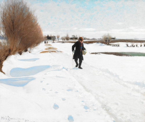 Walking persons on a snowy road., 1887, H. A. Brendekilde