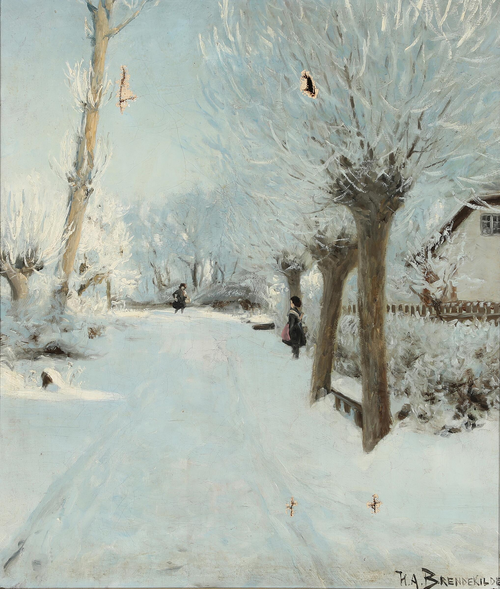 A sunny, snowcovered road with two children., 1908, H. A. Brendekilde