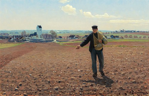 A sower of the field on a sunny spring day at Brendekilde Church, 1914, H. A. Brendekilde