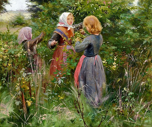 Three little girls picking blackberries, 1885, H. A. Brendekilde