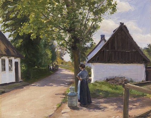 Dänische Dorfstraße mit Bäuerin und Milchmann, 1880, H. A. Brendekilde