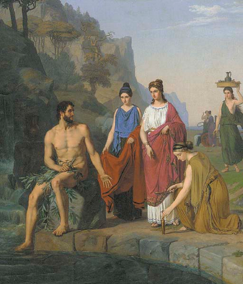 Nausikaa and her maids bringing clothes to the shipwrecked Odysseus., 1850, Heinrich Eddelien