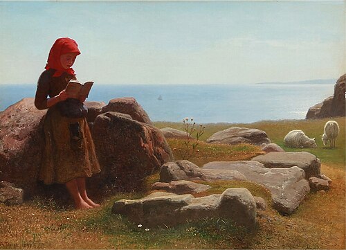 Summer landscape with a girl who reads while the sheep graze, 1898, Anton Dorph