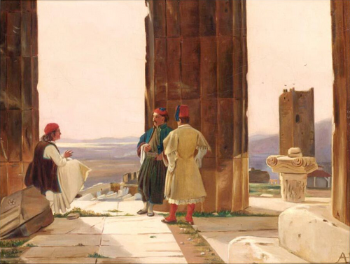 Figures amongst classical ruins., 1881, Anton Dorph