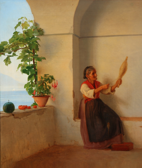 An old woman with a spindle sitting in an Italian loggia., 1860, Anton Dorph