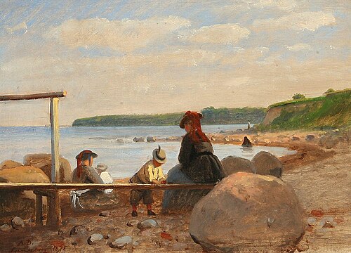 Children and their mothers on Lundeborg Beach, Denmark, 1871, Anton Dorph