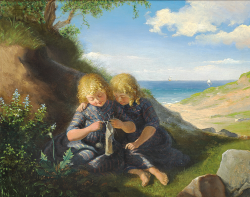 Working hard. Twin girls sitting in a dune with their knitting., 1881, Anton Dorph