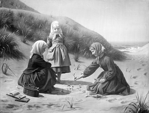 Småpiger som leger i klitterne på vej hjem fra skole, 1863, Anton Dorph