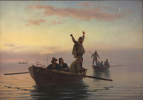 Hornfiskefangst med drivvod. Tidlig morgen, 1880, Anton Dorph