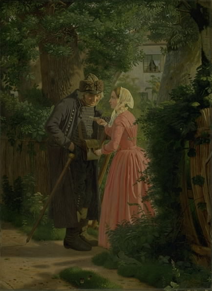 En ung pige beder landsbyens gamle postbud besørge et brev, 1858, Christen Dalsgaard