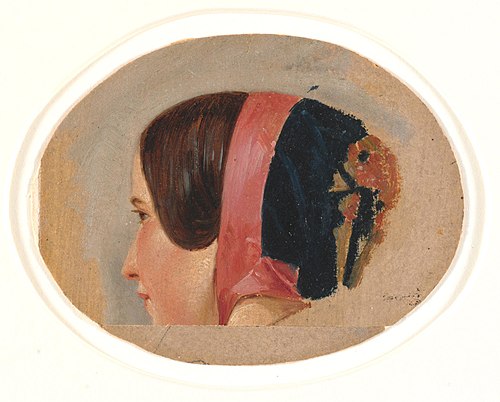 Portræt af ung pige med kyse, bortvendt profil mod venstre, 1850, Christen Dalsgaard
