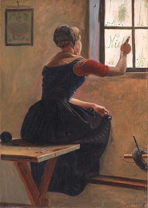 A Young Girl in Jutland Writing her Beloved's Name on a Misty Window, 1852, Christen Dalsgaard