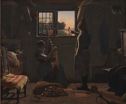 En fisker viser sin datter en bortsejlende båd, 1854, Christen Dalsgaard