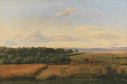 A Funen Landscape at Harvest Time with Wedellsborghoved in the Background, 1846, Dankvart Dreyer