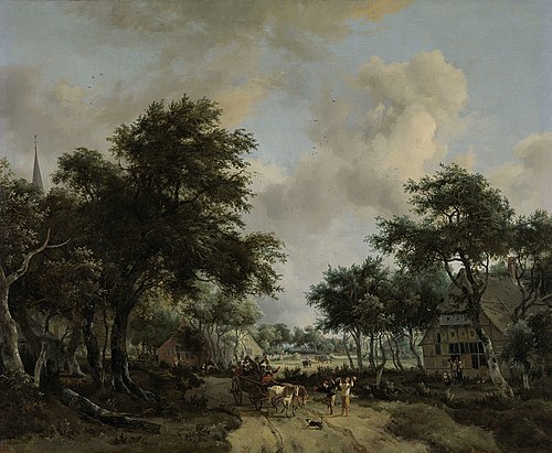 Wooded Landscape with Merrymakers in a Cart, 1665, Meindert Hobbema