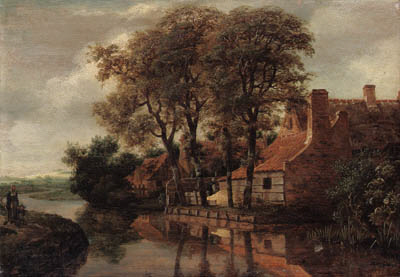 A Farmyard, behind some trees on the banks of a brook, 1648, Meindert Hobbema