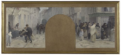 Esquisse pour l'Hôtel de Ville de Paris, cabinet du préfet : Le transport des blessés à l'Ambulance., 1889, Paul Baudoüin