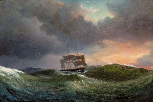 A frigate in rough weather at sunset., 1851, Vilhelm Melbye