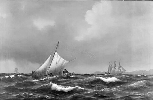 En dansk lodsbåd i uroligt vejr. I baggrunden Kullen, 1847, Vilhelm Melbye