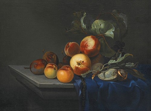 Peaches and Plums on a Partly Draped Stone Ledge, 1650, Paul Liégeois