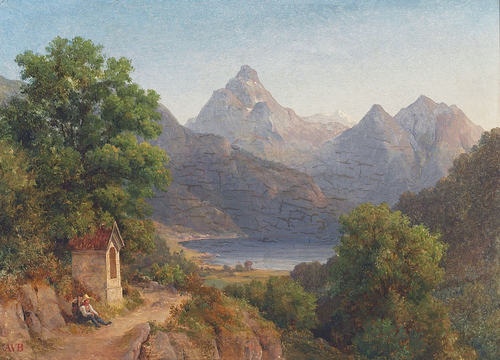 Mountain scenery with a resting wanderer., 1850, August Wilhelm Boesen
