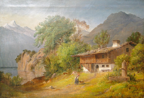 Mountain scene from Southern Germany with a woman at a cottage., 1845, August Wilhelm Boesen