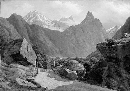 Parti af Romsdalen med Romsdals Horn og Vikingetinderne i Norge, 1844, August Wilhelm Boesen