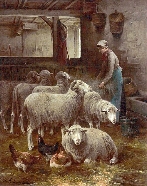 Woman with Sheep in a Barn, , Cornelius Van Leemputten