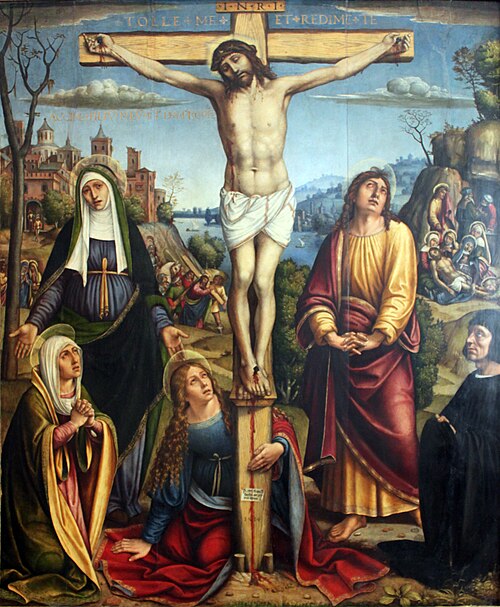 Christ on the Cross, mourned by the three Marys, John and a donor, 1514, Pier Francesco Sacchi