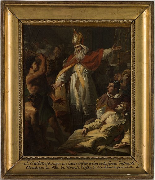 Esquisse pour l'église Saint-Ambroise : Saint Ambroise sauvant un prêtre arien de la fureur du peupl, 1819, Pierre-Auguste Vafflard
