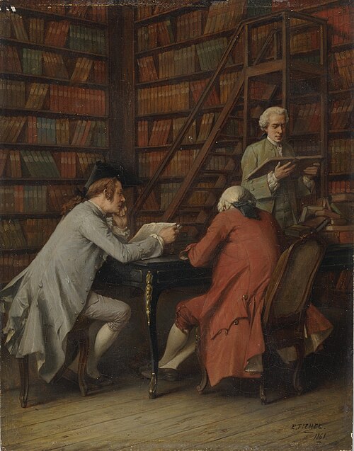 Drie mannen in een bibliotheek, 1861, Eugène Fichel