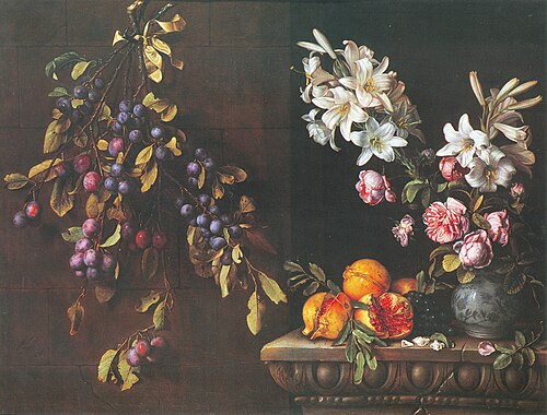 Still life with plum branch hanging from a wall, pomegrenates and vase of lilies on a carved end tab, 1663, Pierre Dupuis
