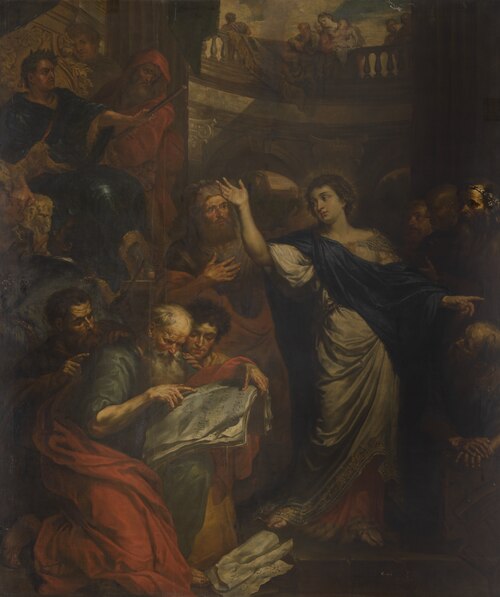 Saint Catherine of Alexandria in discussion with the fifty philosophers, 1688, Peter Ykens