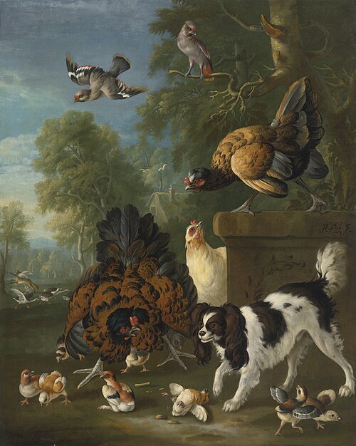 A family of chickens fending off a spaniel in a landscape, 1728, Pieter Casteels III