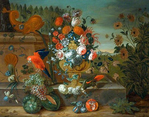A Stone Vase of Flowers with Fruit and Two Parrots, , Pieter Casteels III