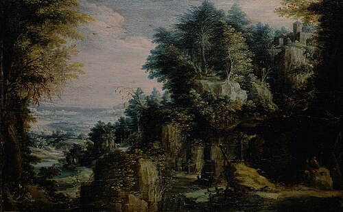 Wooded landscape with a hermit, 1605, Pieter Stevens