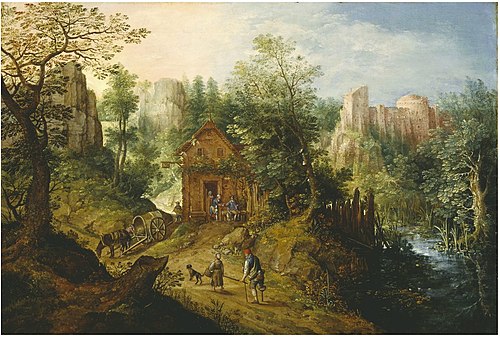 Mountain Valley with Inn and Castle, 1593, Pieter Stevens