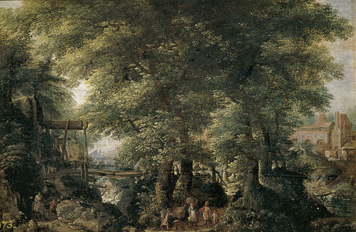 Wooded landscape with a lake on the left and a stream on the right, 1585, Pieter Stevens