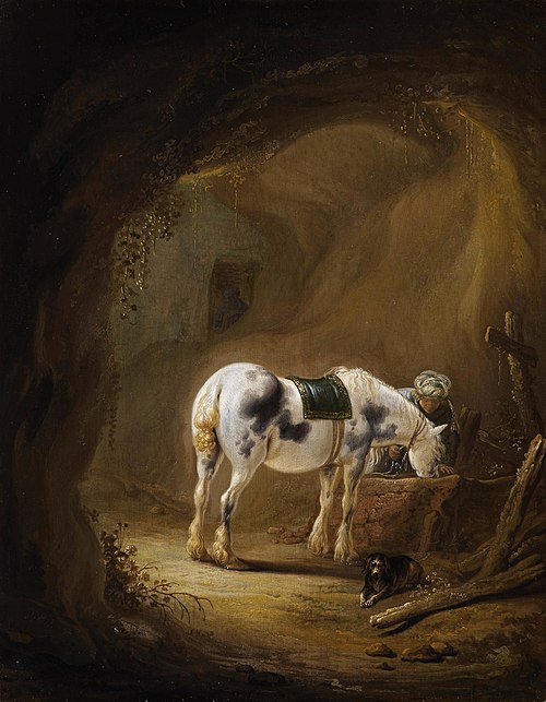 A Rider in Oriental Dress halting in a Grotto with his Horse and his Dog, 1642, Pieter Verbeeck