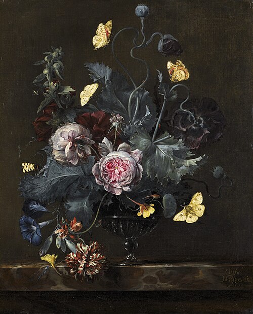 Flowers in a glass vase, with butterflies, on a marble ledge, 1660, Otto Marseus van Schrieck