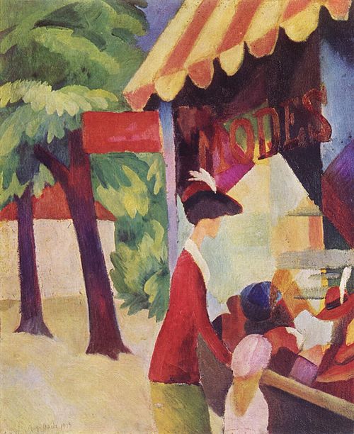 In front of the hat shop (Woman with a red jacket and child), 1913, August Macke