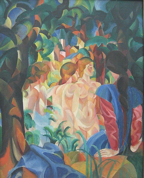 Bathing girls with city in the background, 1913, August Macke
