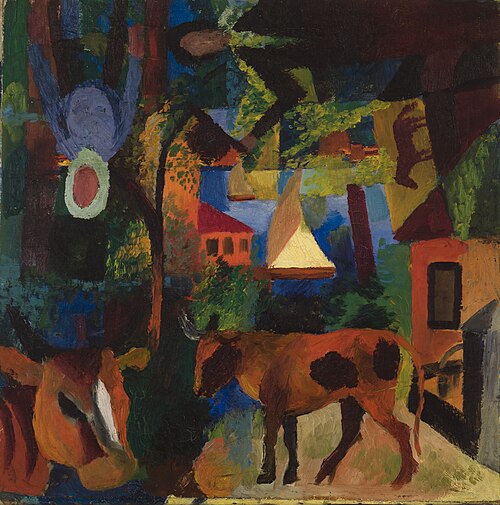 Landscape with Cows, Sailboat, and Figures, 1914, August Macke
