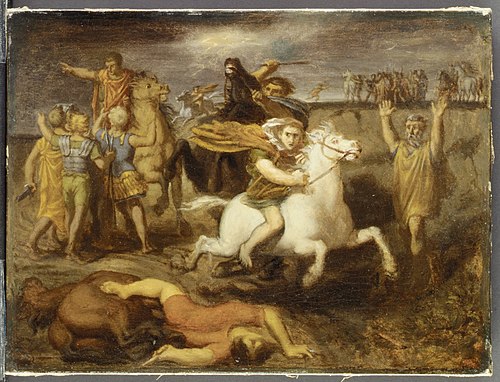 Scene from the Gallic Wars: The Gaul Littavicus, Betraying the Roman Cause, Flees to Gergovie to Sup, 1838, Théodore Chassériau