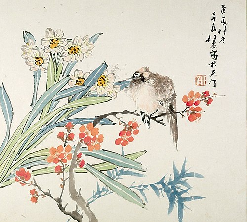 Narcissus, Plum Blossom, Bamboo, and Bird, 1880, Ren Xun