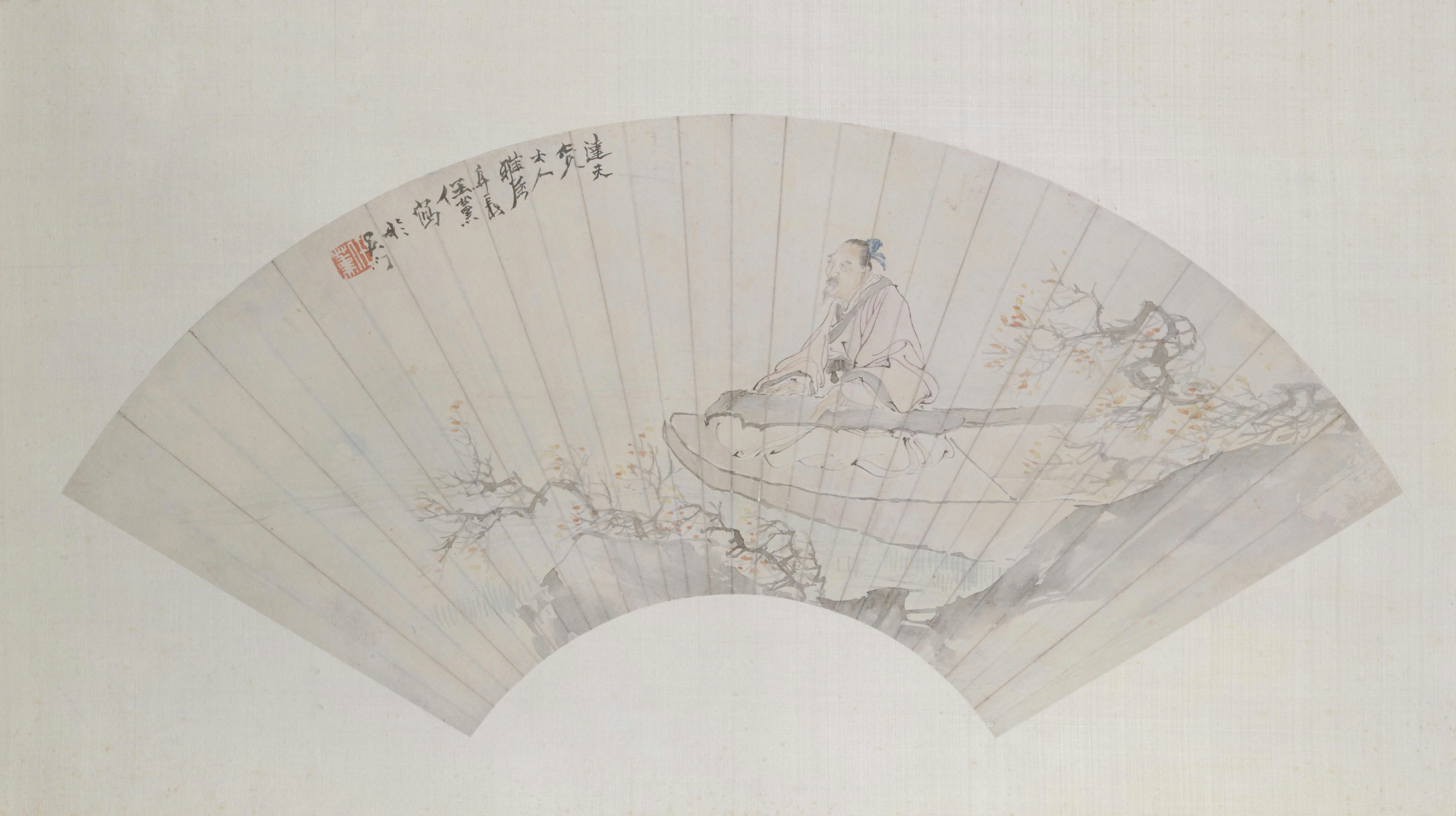 任薰停琴待月图扇页, , Ren Xun