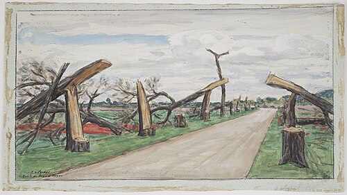 Route de Roye à Noyon: les arbres coupés, 1917, René-Xavier Prinet
