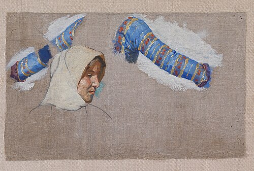 Dragtstudier og studie af et kvindehovede. Megara, 1896, Niels Skovgaard