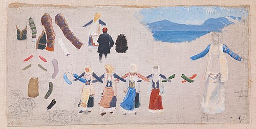 Dansende kvinder, dragtdetailler og et landskab, 1896, Niels Skovgaard
