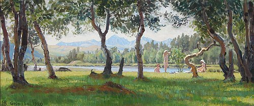 Scenery from a lake with naked women, 1920, Niels Skovgaard